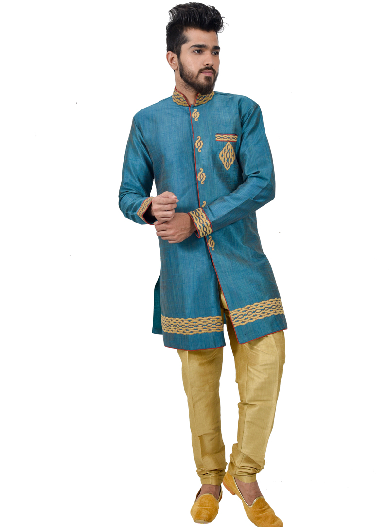Teal Silk Readymade Indo Western Suit 112329