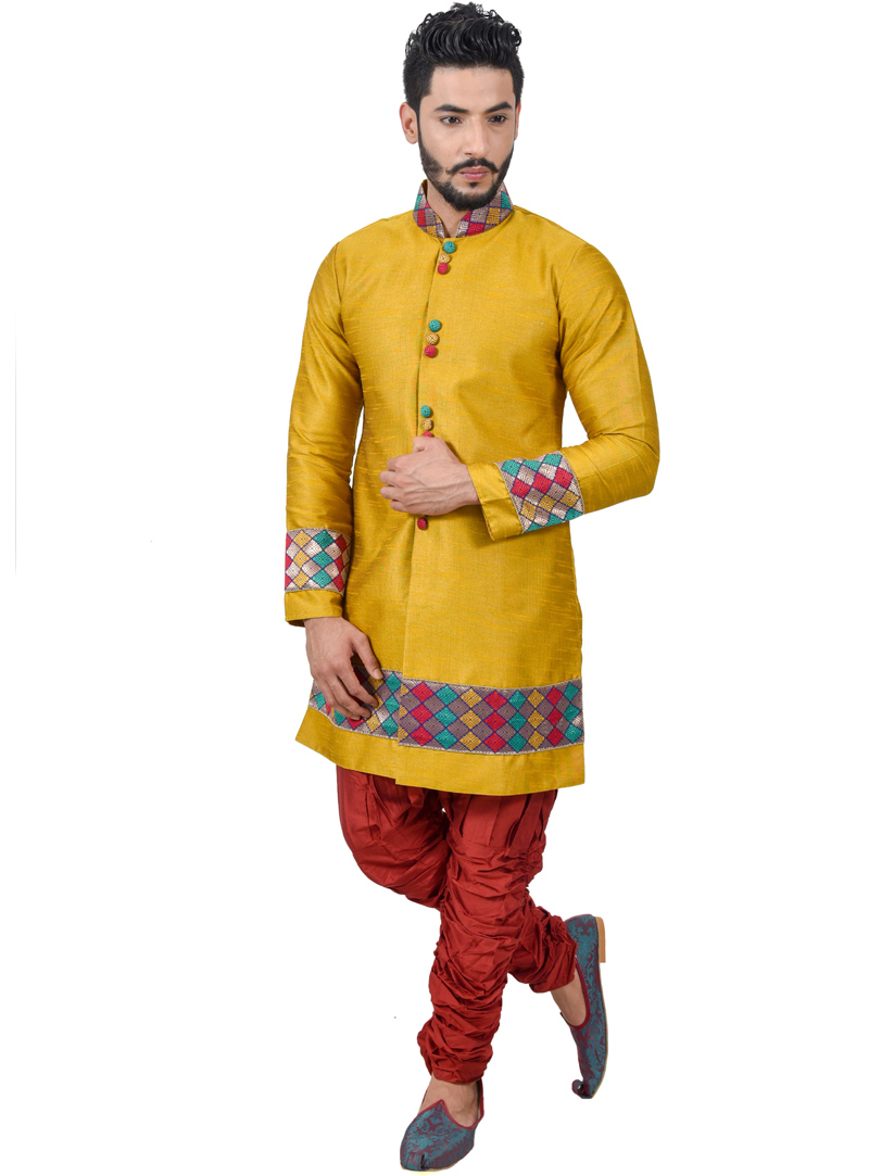 Mustard Art Silk Readymade Indo Western Suit 112332