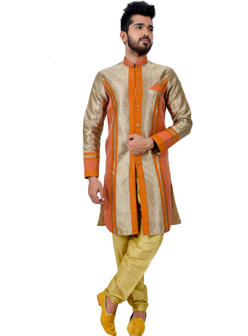 Orange Art Silk Readymade Indo Western Suit 112338