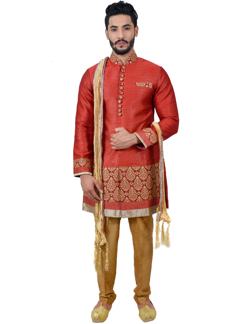 Red Art Silk Readymade Indo Western Suit 112340