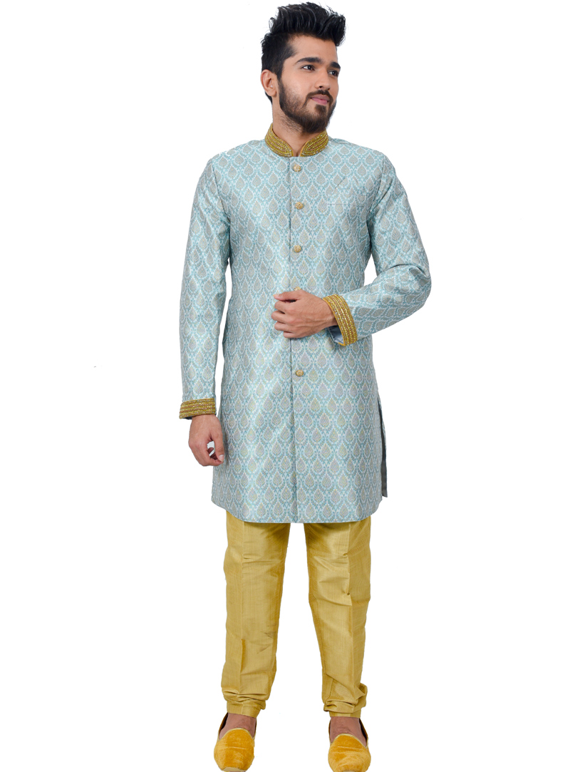 Sky Blue Silk Readymade Indo Western Suit 112342
