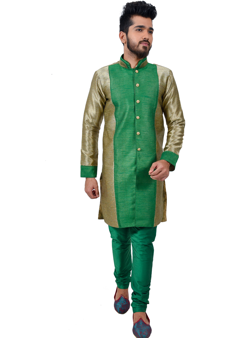 Green Art Silk Readymade Indo Western Suit 112345