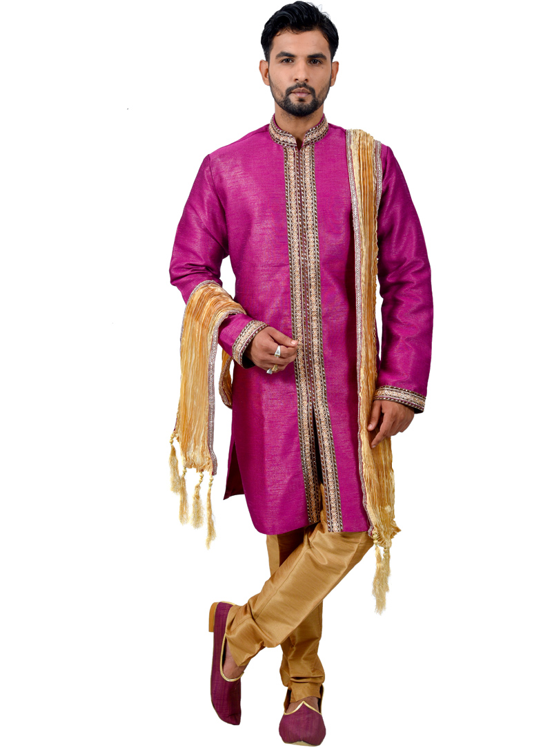 Magenta Art Silk Readymade Indo Western Suit 112347