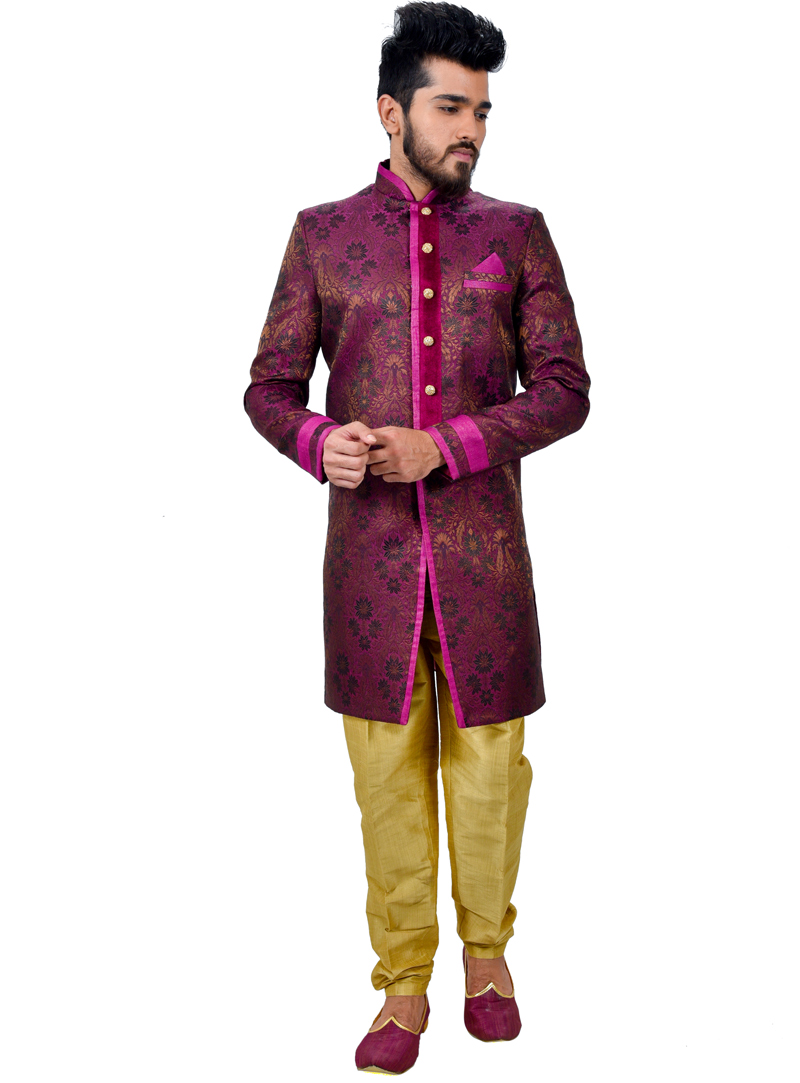 Purple Silk Readymade Indo Western Suit 112353