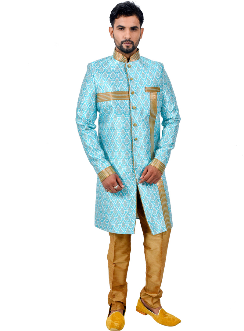Sky Blue Silk Readymade Indo Western Suit 112354
