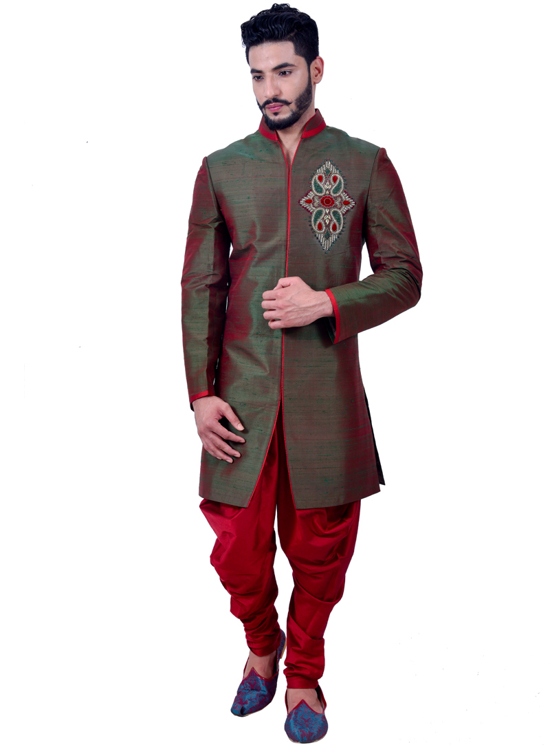 Green Art Silk Readymade Indo Western Suit 112357