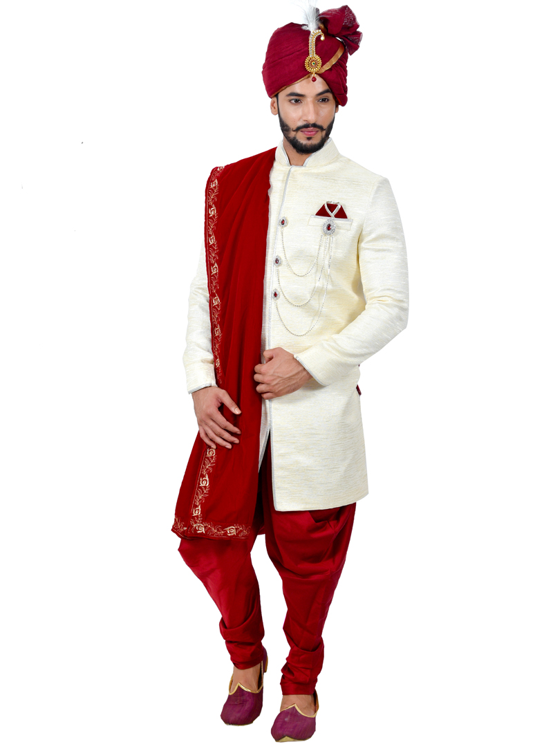White Art Silk Readymade Indo Western Suit 112359