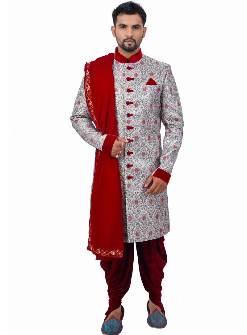 Grey Silk Readymade Indo Western Suit 112360