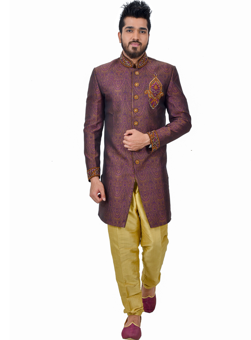 Purple Silk Readymade Indo Western Suit 112362