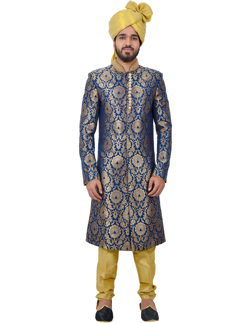 Navy Blue Silk Readymade Indo Western Suit 112364