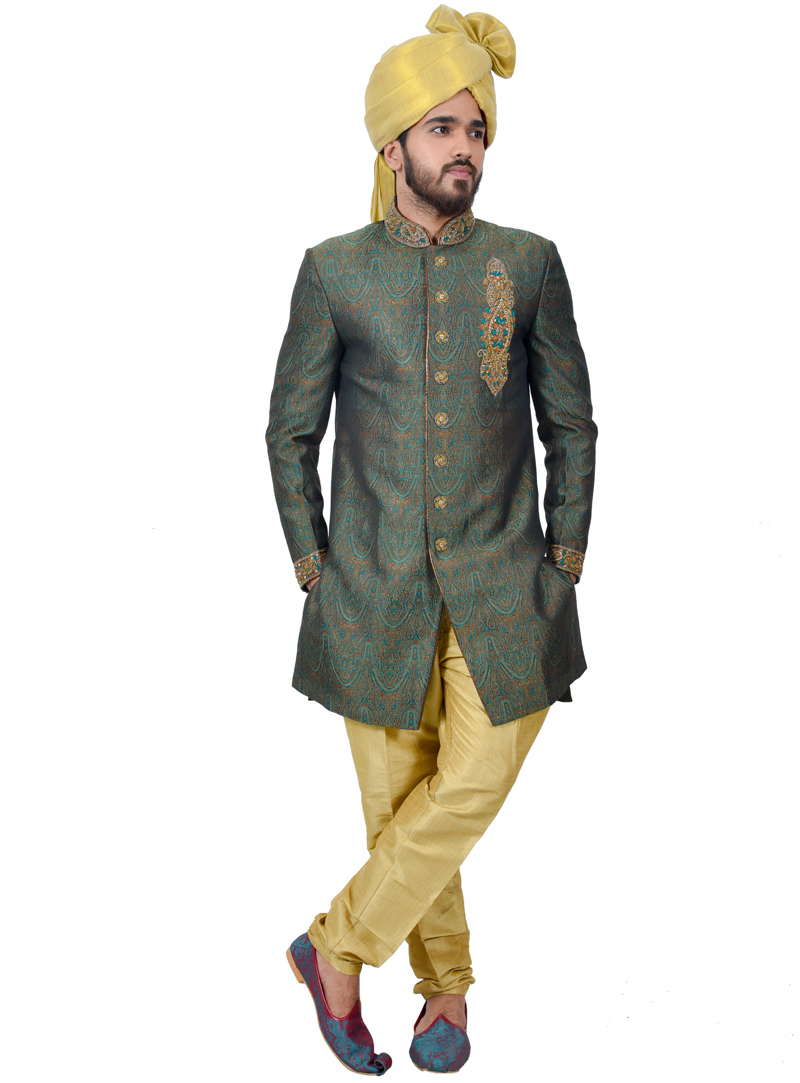 Green Silk Readymade Indo Western Suit 112366
