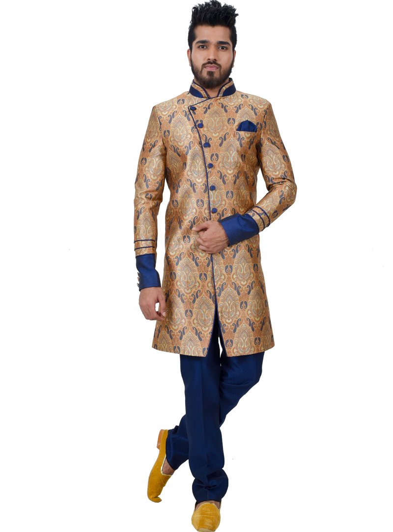 Light Orange Silk Readymade Indo Western Suit 112370