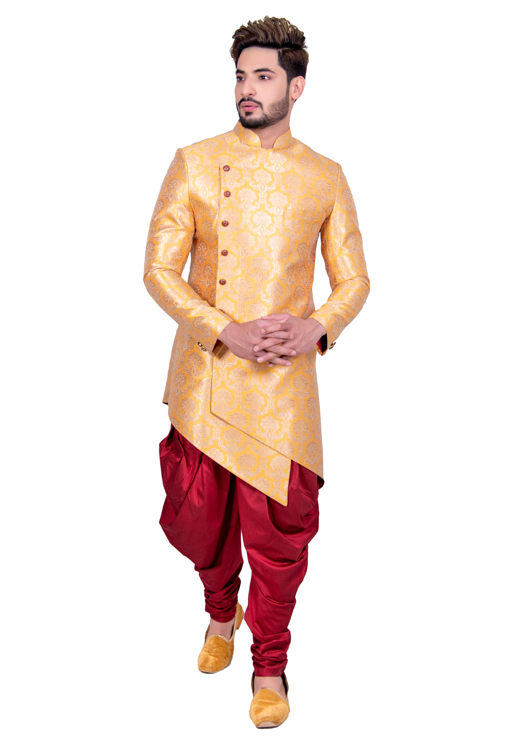 Golden Brocade Silk Readymade Indo Western Suit 202452