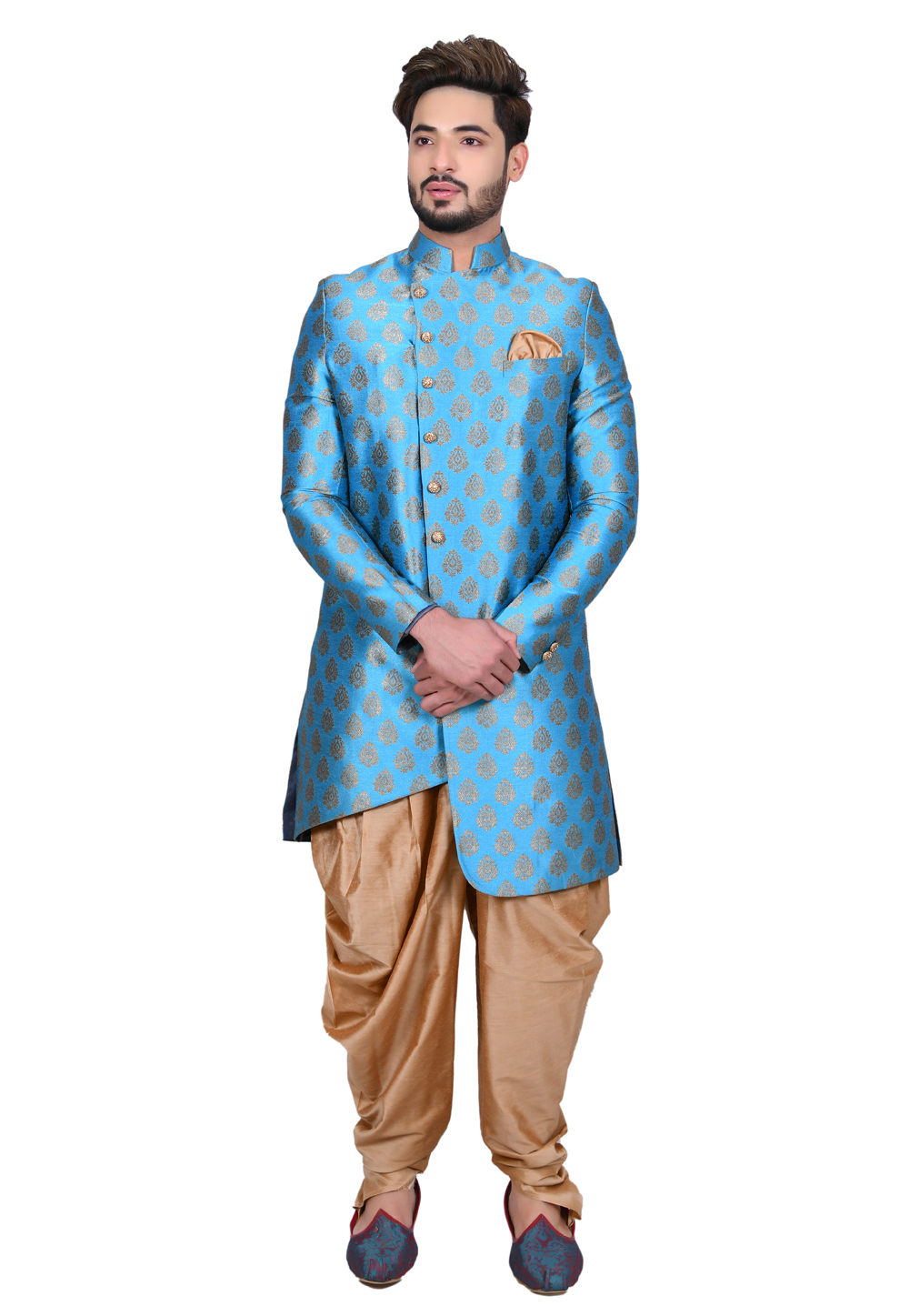 Blue Brocade Silk Readymade Indo Western Suit 202453