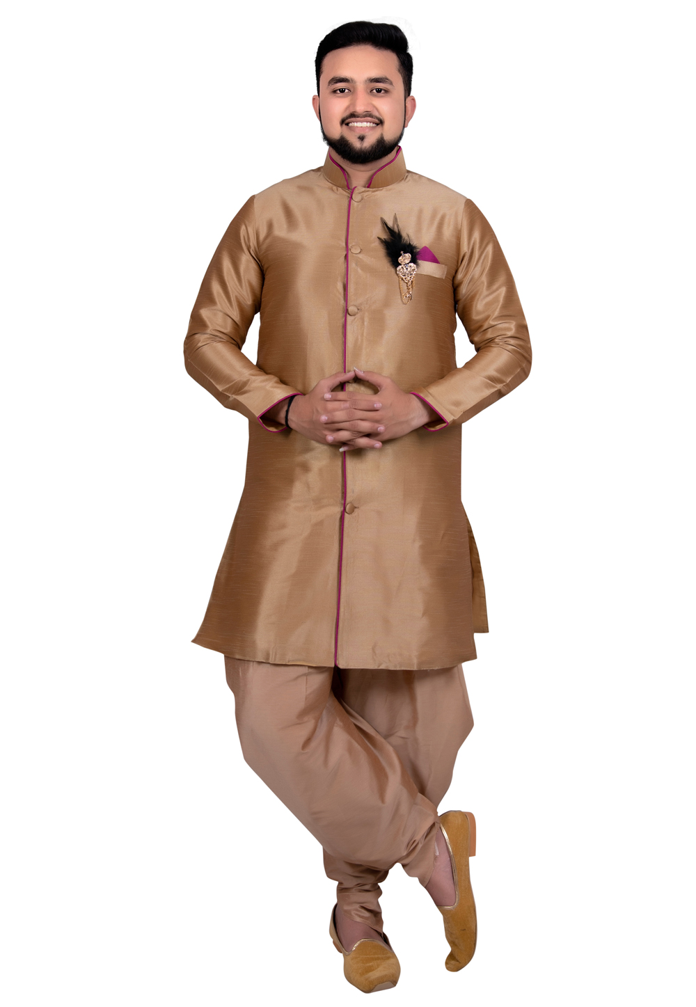 Golden Art Silk Readymade Indo Western Suit 202464