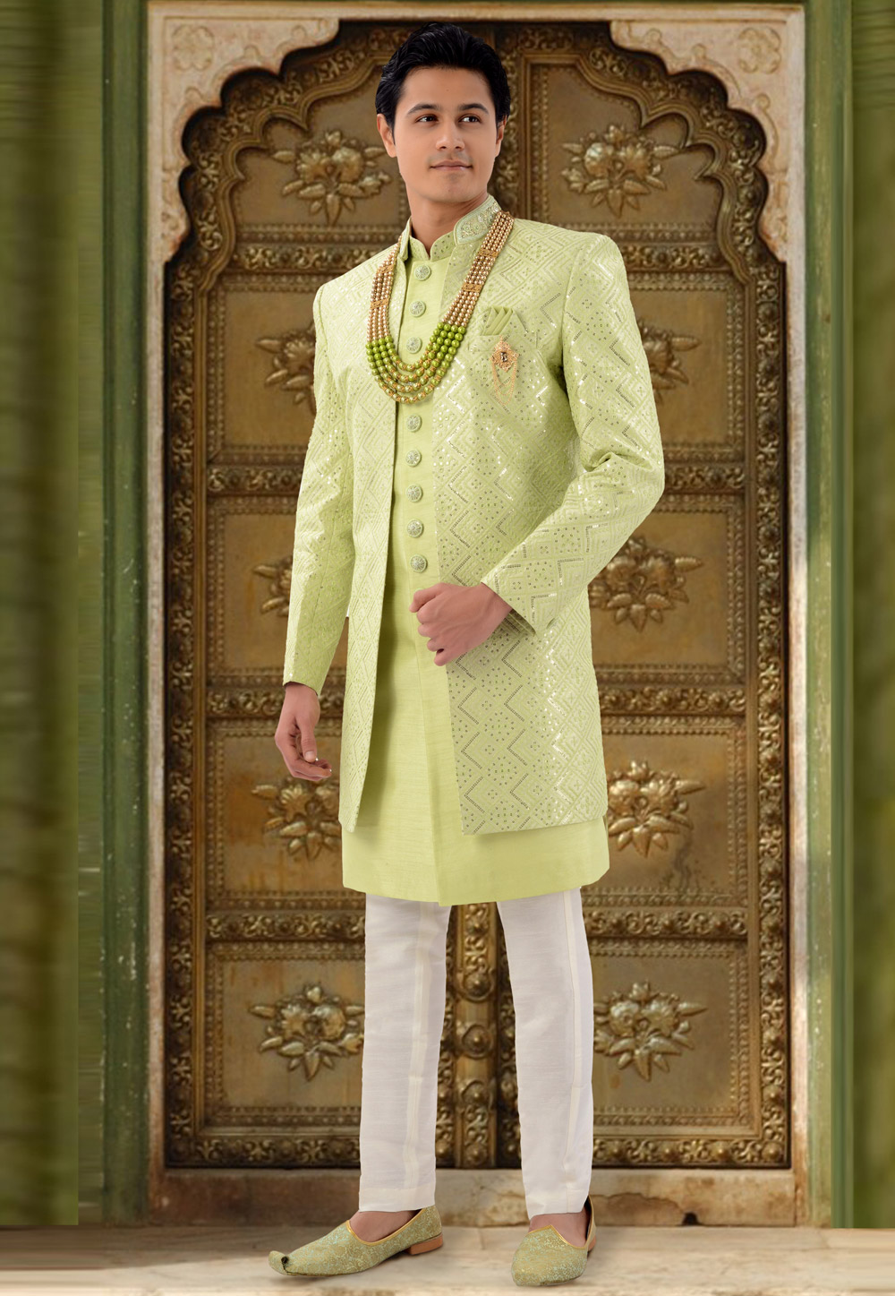 Pista Green Silk Jacket Style Sherwani 269576