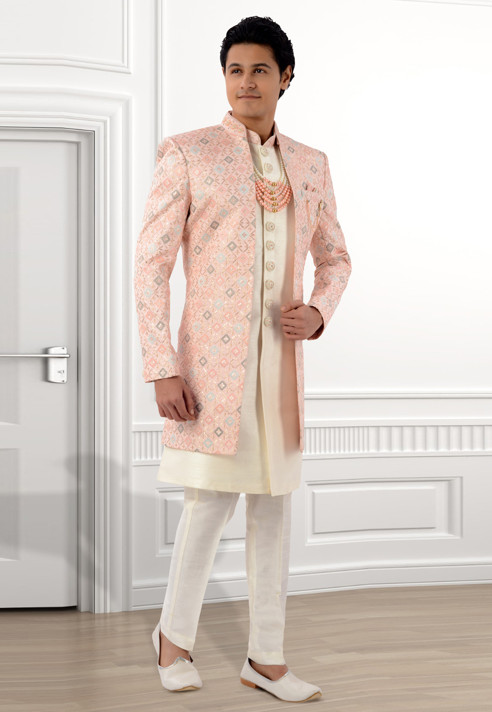 Peach Silk Jacket Style Sherwani 269577