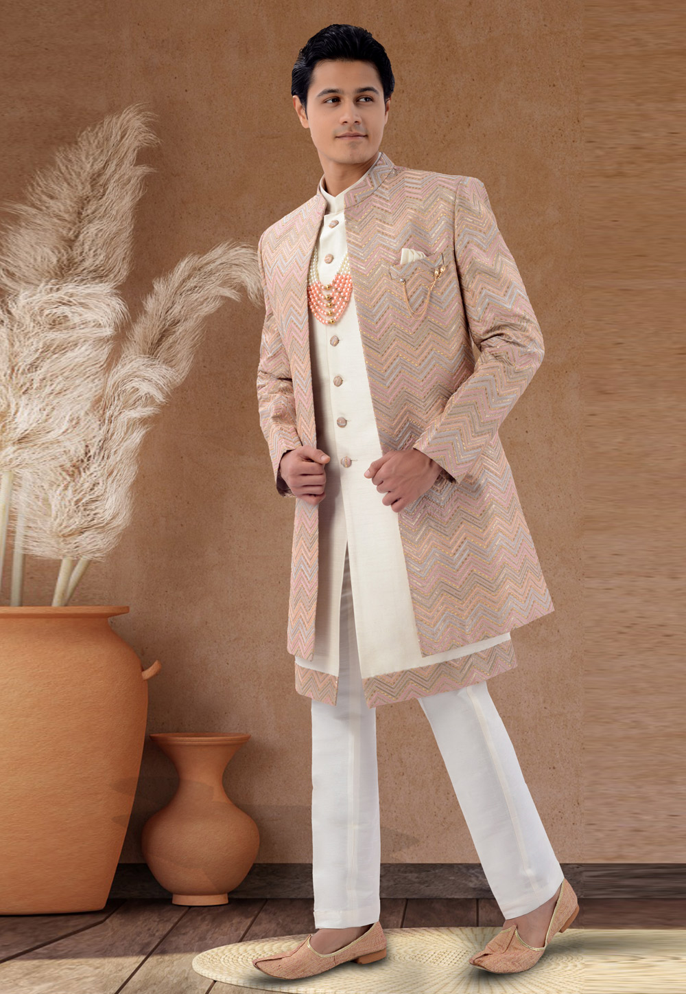 Beige Silk Jacket Style Sherwani 269579