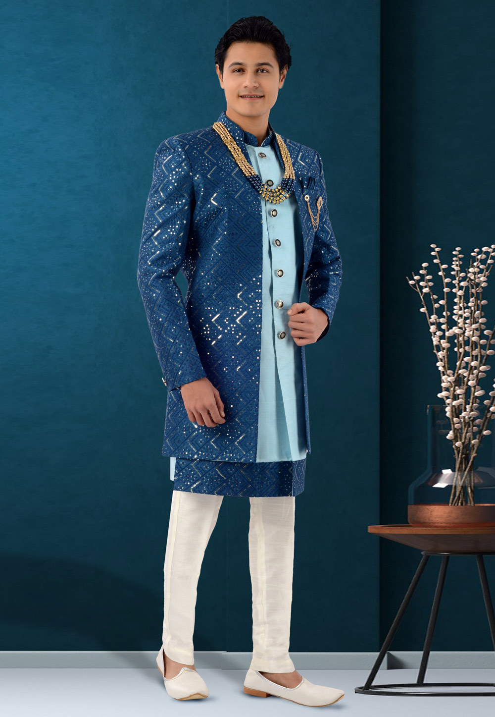 Teal Silk Jacket Style Sherwani 269581
