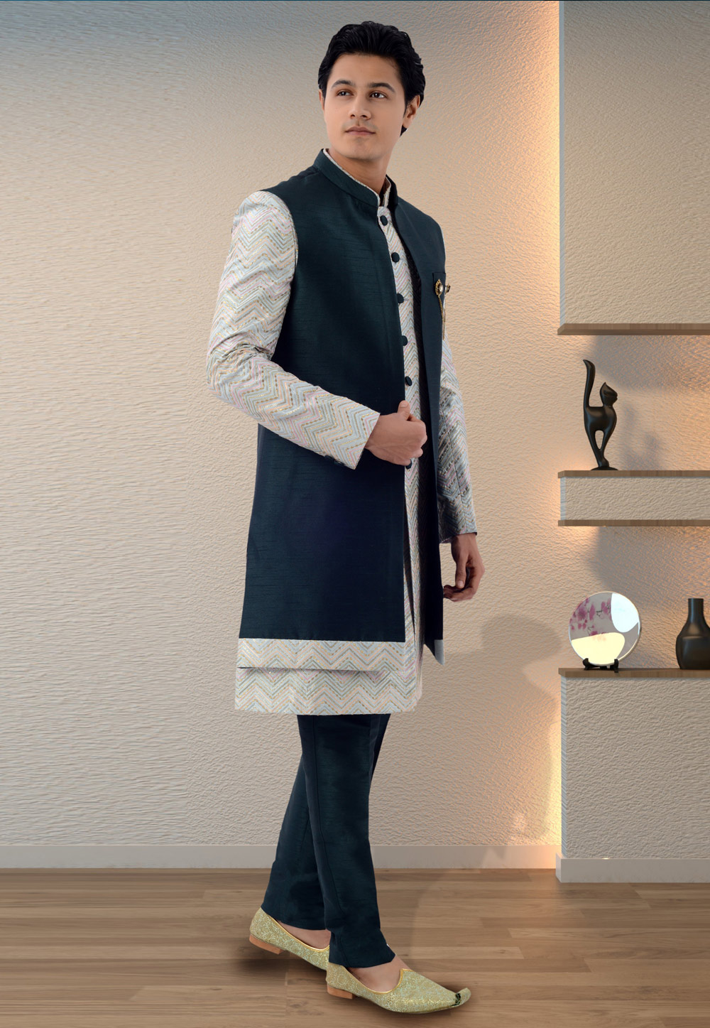 Teal Silk Jacket Style Sherwani 269582