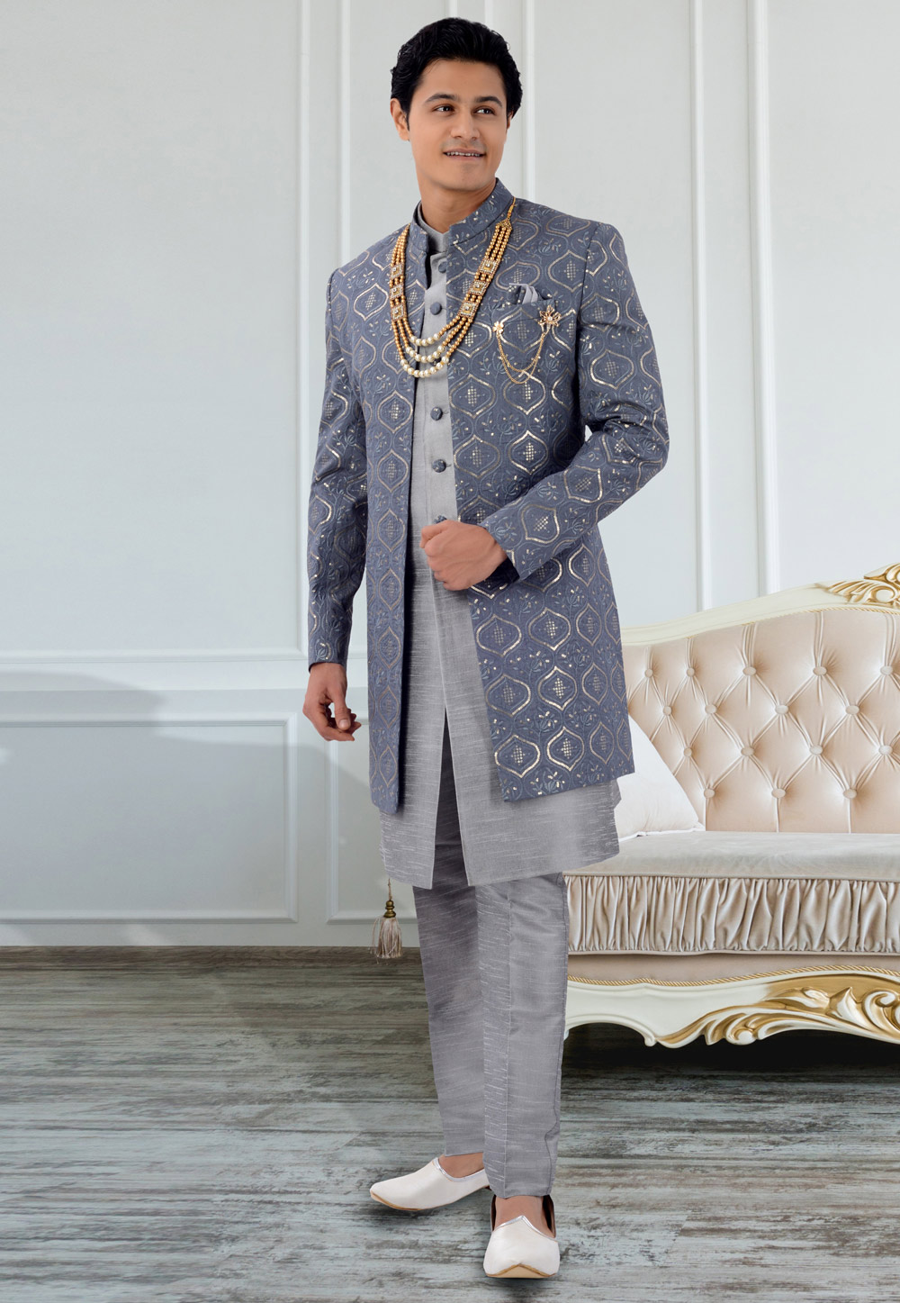 Grey Silk Jacket Style Sherwani 269583