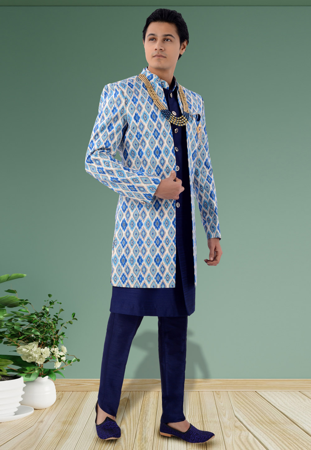 Sky Blue Silk Jacket Style Sherwani 269584