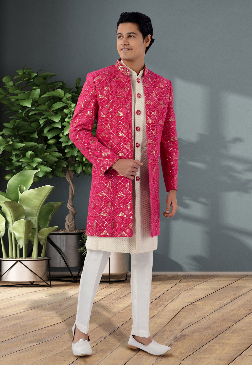 Pink Georgette Jacket Style Sherwani 269585