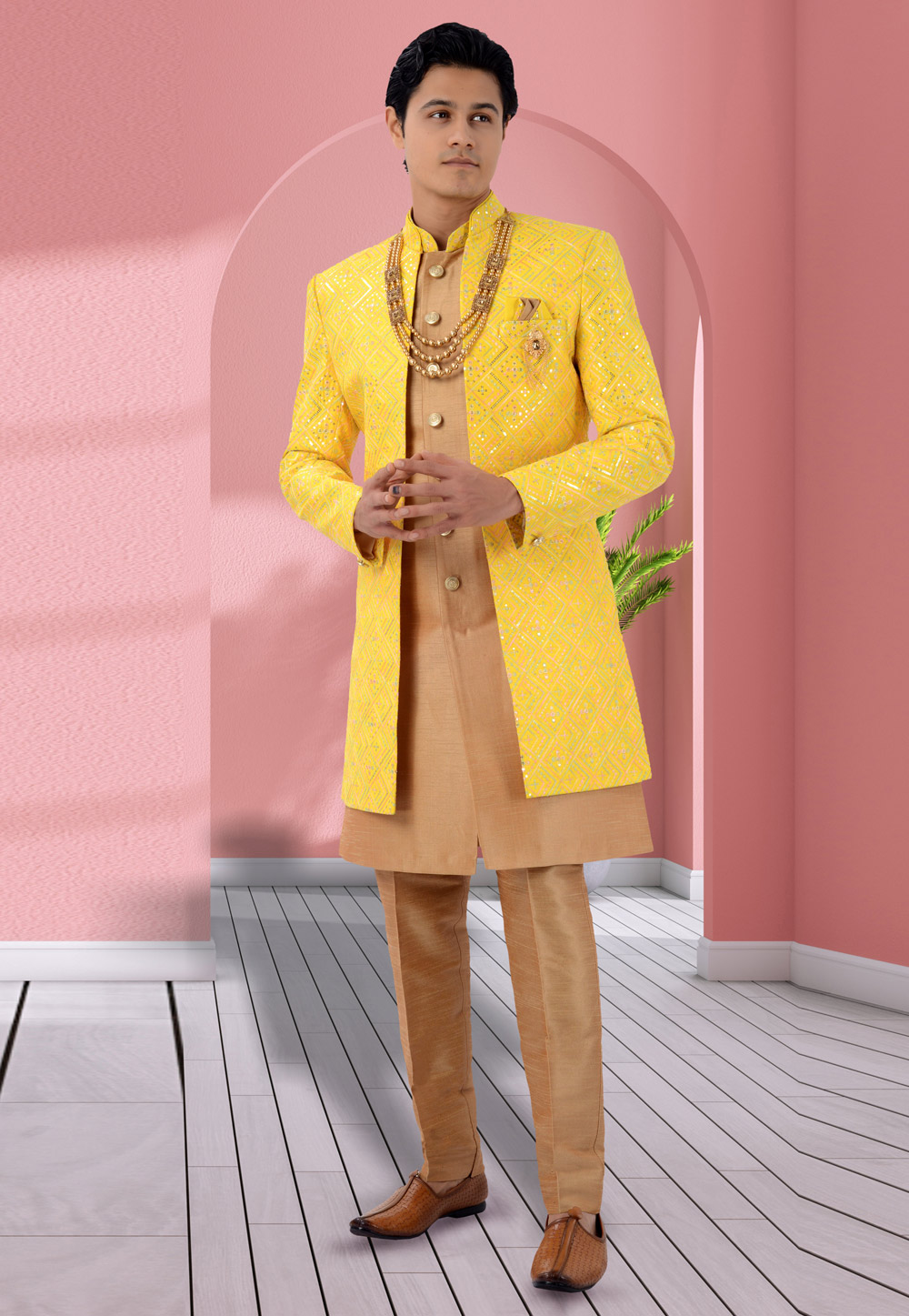 Beige Silk Jacket Style Sherwani 271957