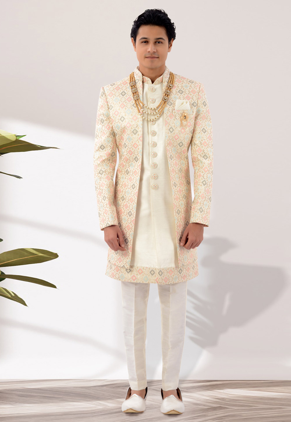 Cream Silk Jacket Style Sherwani 271959