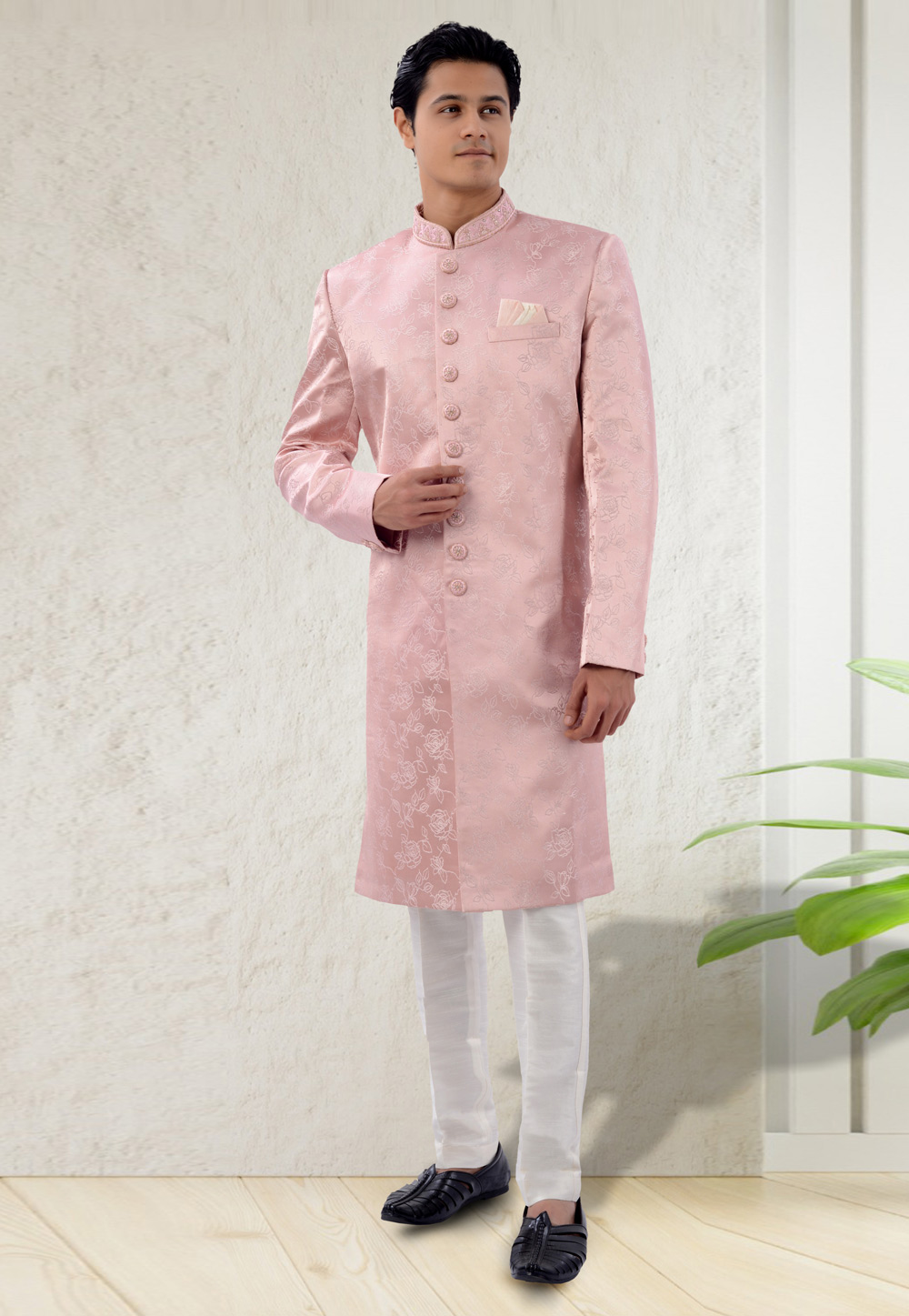 Light Pink Jacquard Indo Western Sherwani 271964