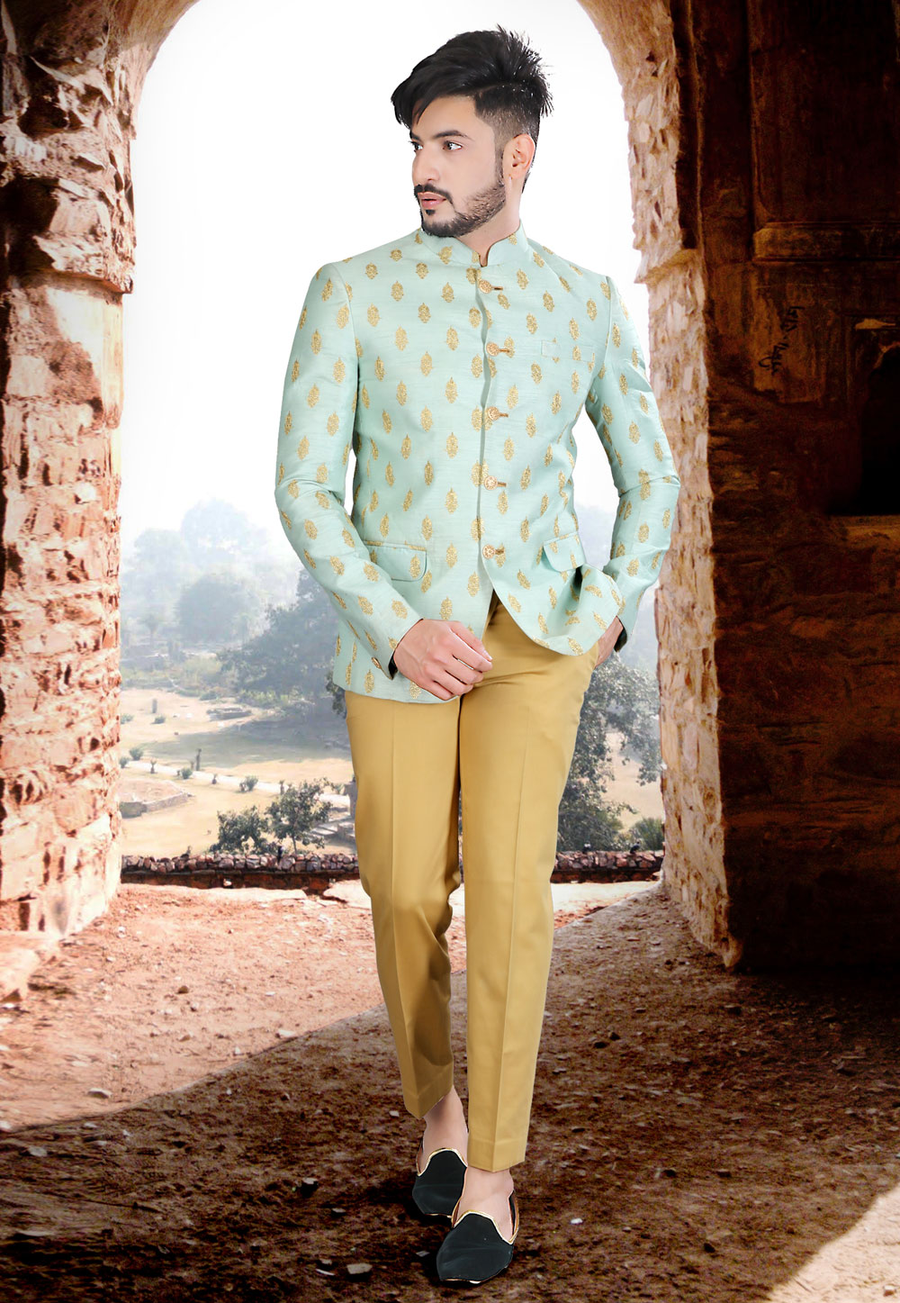 Sky Blue Art Silk Jodhpuri Suit 250476