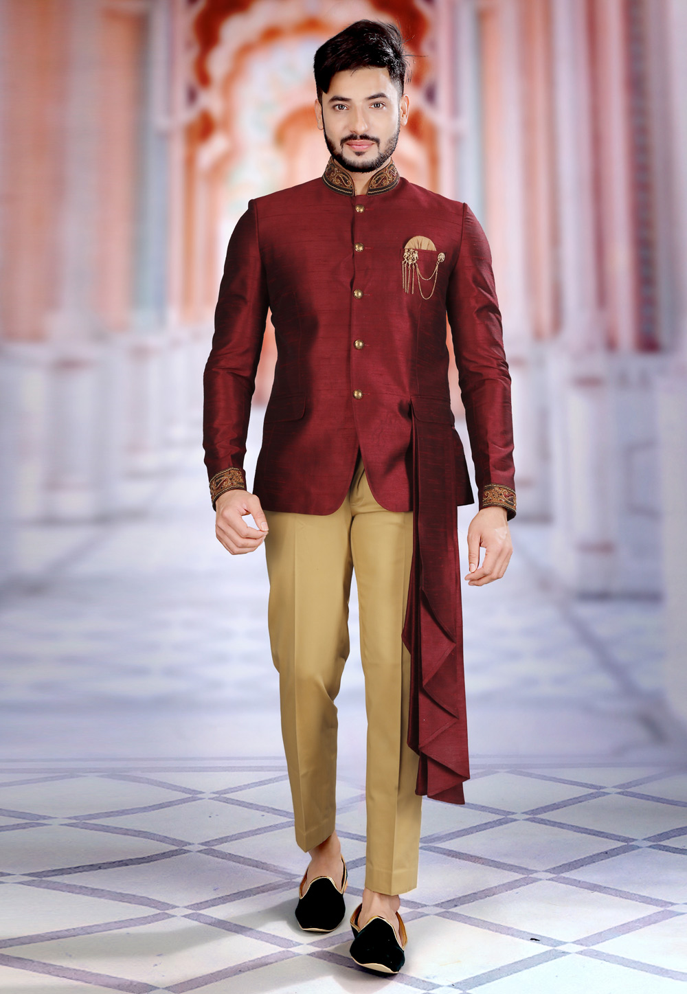 Eclipse Maroon Textured Premium Wool-Blend Bandhgala/Jodhpuri Suits for Men.
