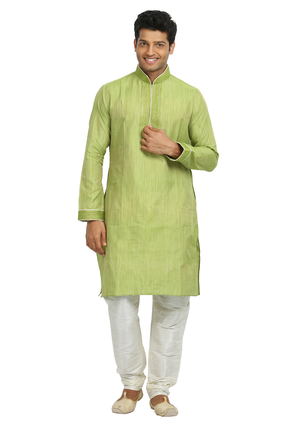 Light Green Cotton Silk Readymade Kurta Pajama 203687
