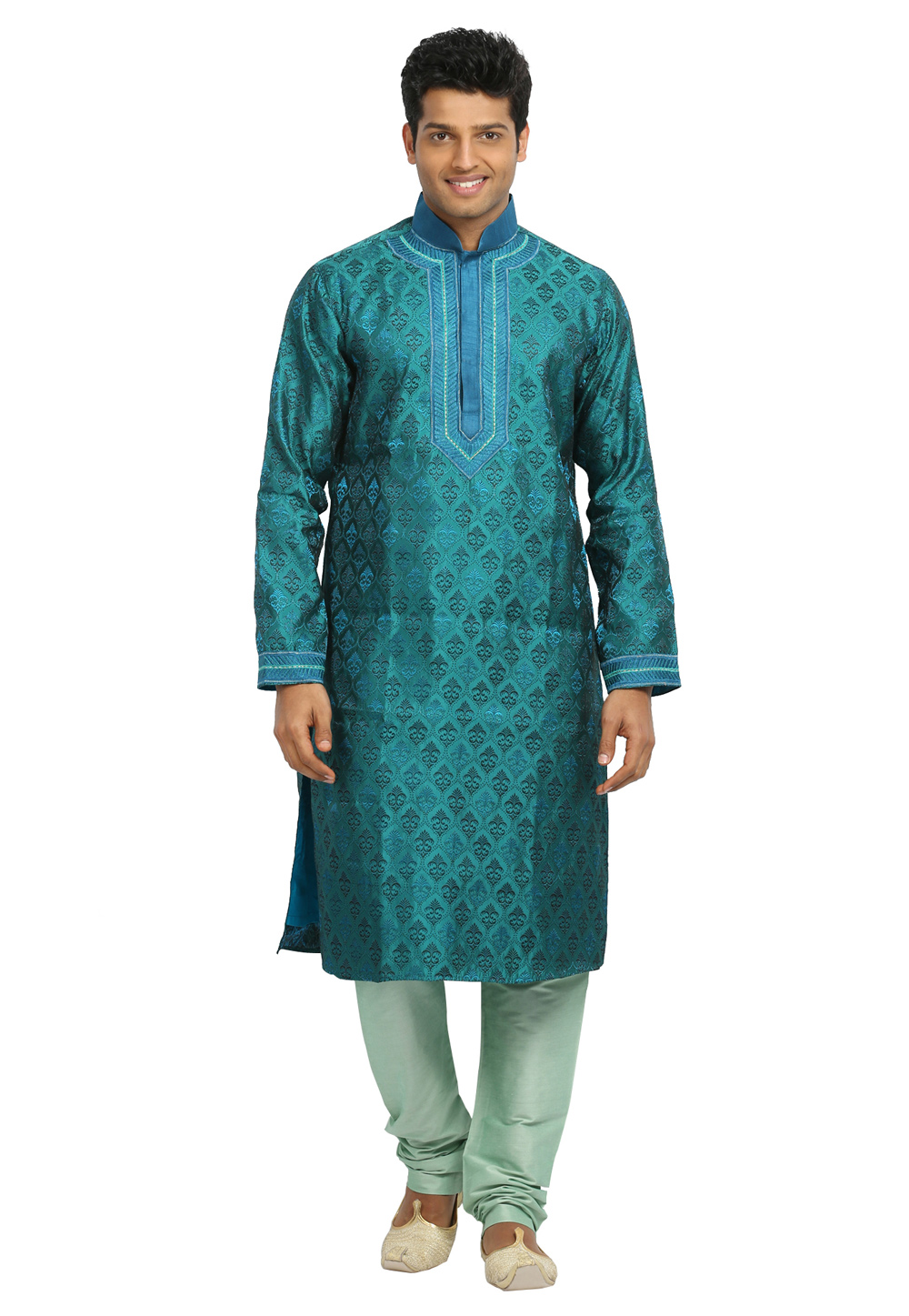 Turquoise Brocade Readymade Kurta Pajama 203705