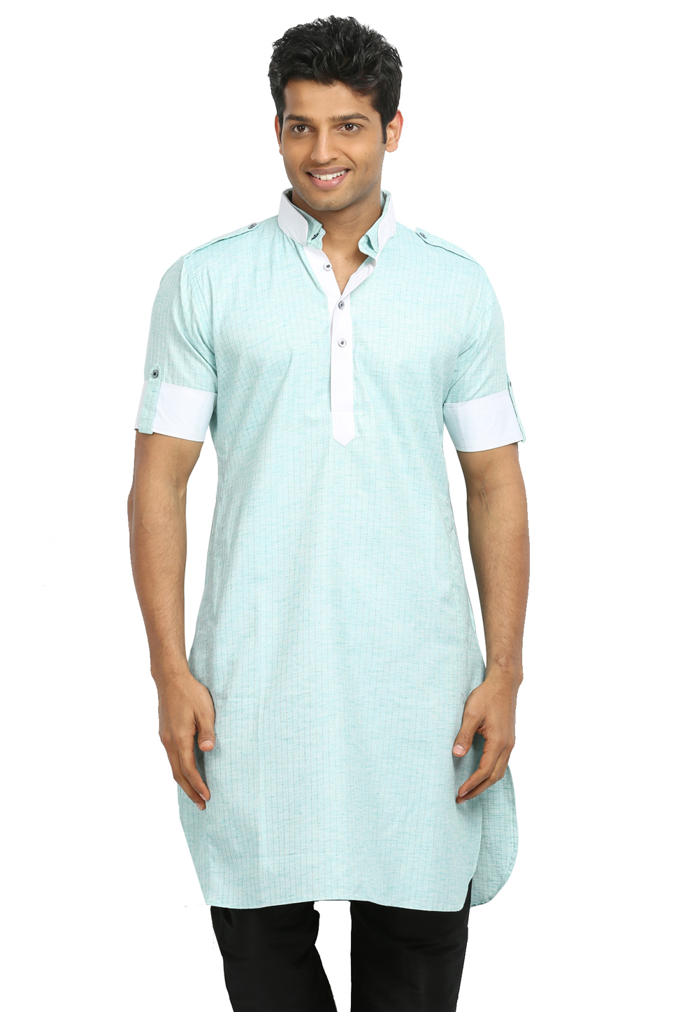 Light Aqua Cotton Readymade Pathani Suit 166339