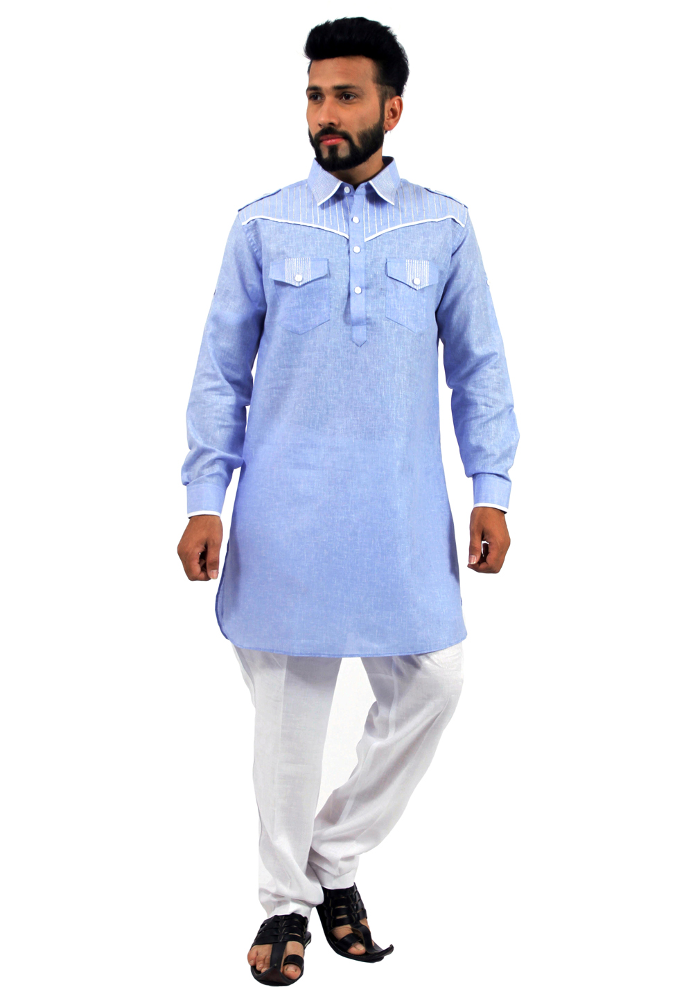 Light Blue Cotton Readymade Pathani Suit 166342
