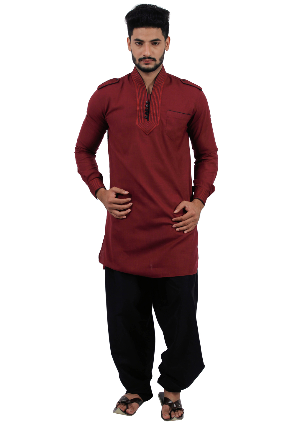 Maroon Cotton Readymade Pathani Suit 166343