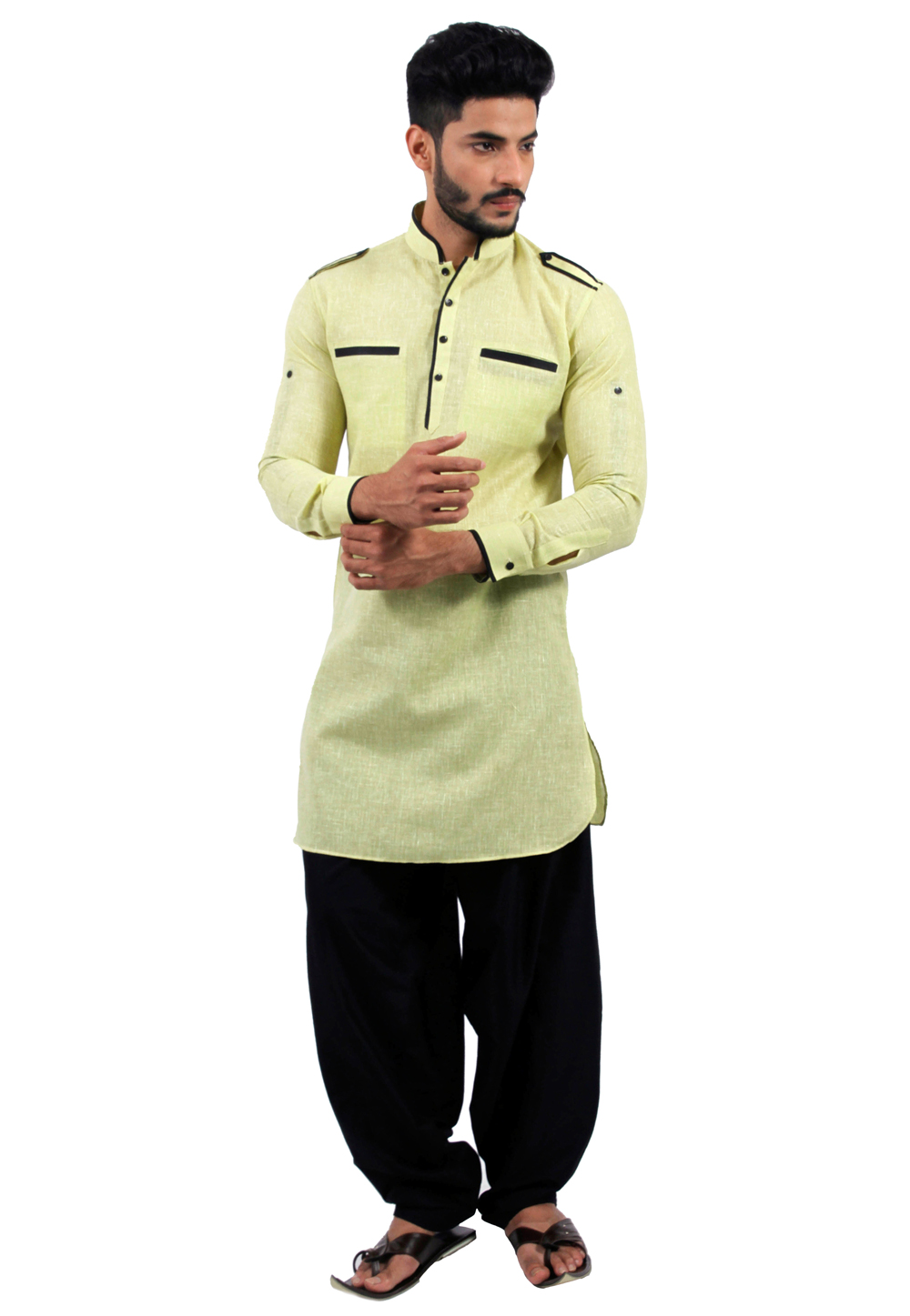 Light Yellow Cotton Readymade Pathani Suit 166344