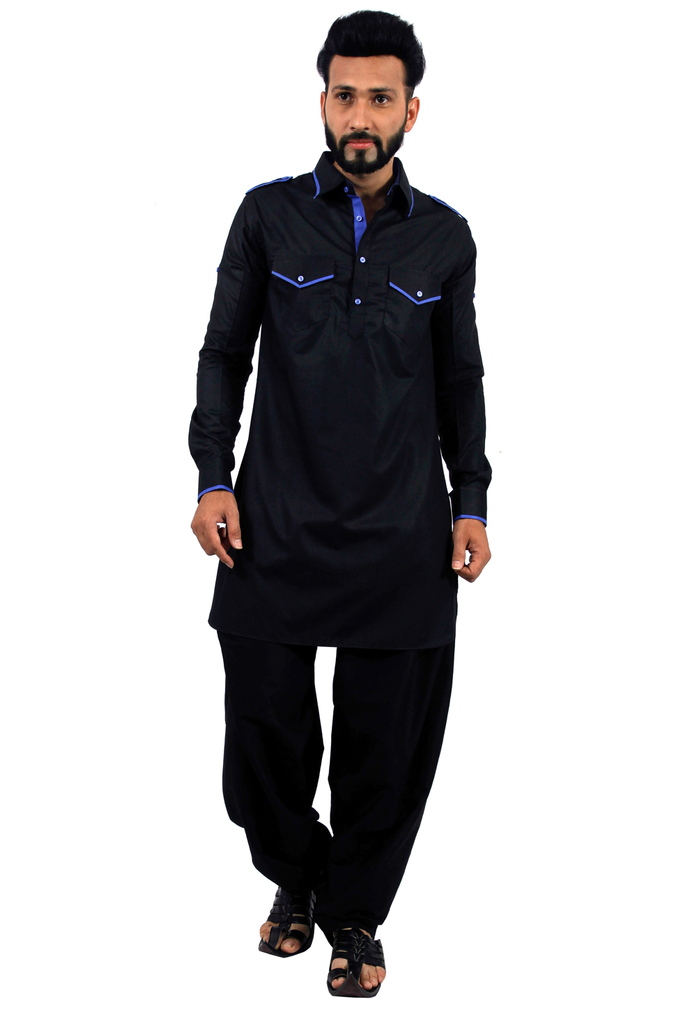 Black Cotton Readymade Pathani Suit 166348
