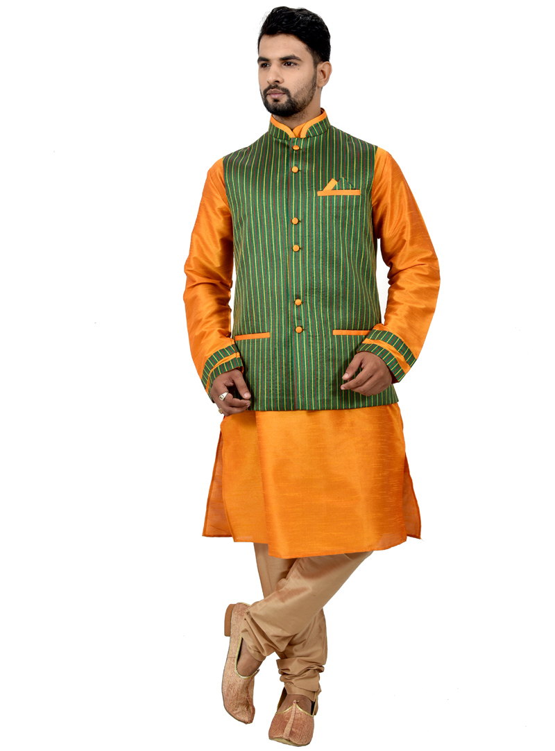 Orange Art Silk Readymade Kurta Pajama With Jacket 113452