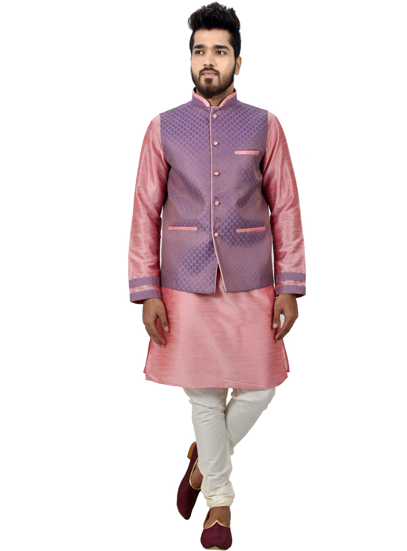 Pink Art Silk Readymade Kurta Pajama With Jacket 113453