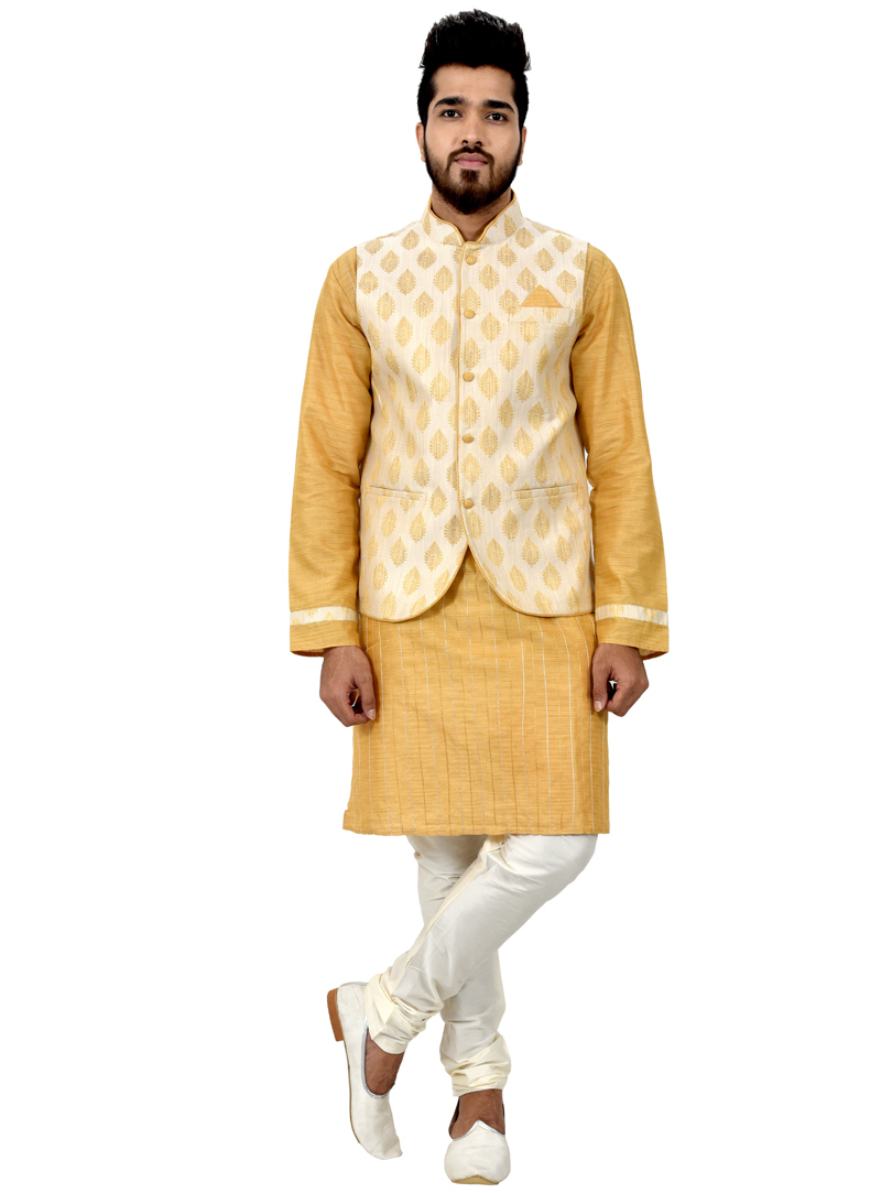 Golden Silk Readymade Kurta Pajama With Jacket 113455