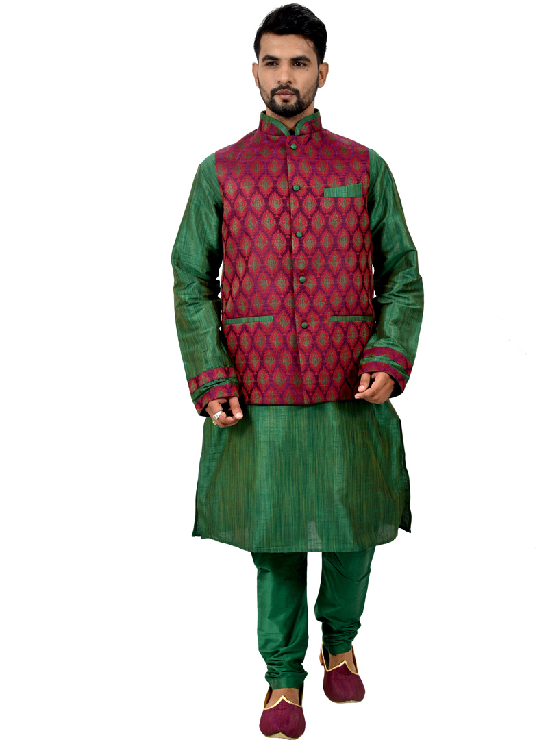 Green Silk Readymade Kurta Pajama With Jacket 113458