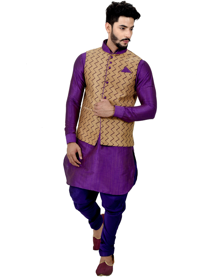 Purple Silk Readymade Kurta Pajama With Jacket 113463
