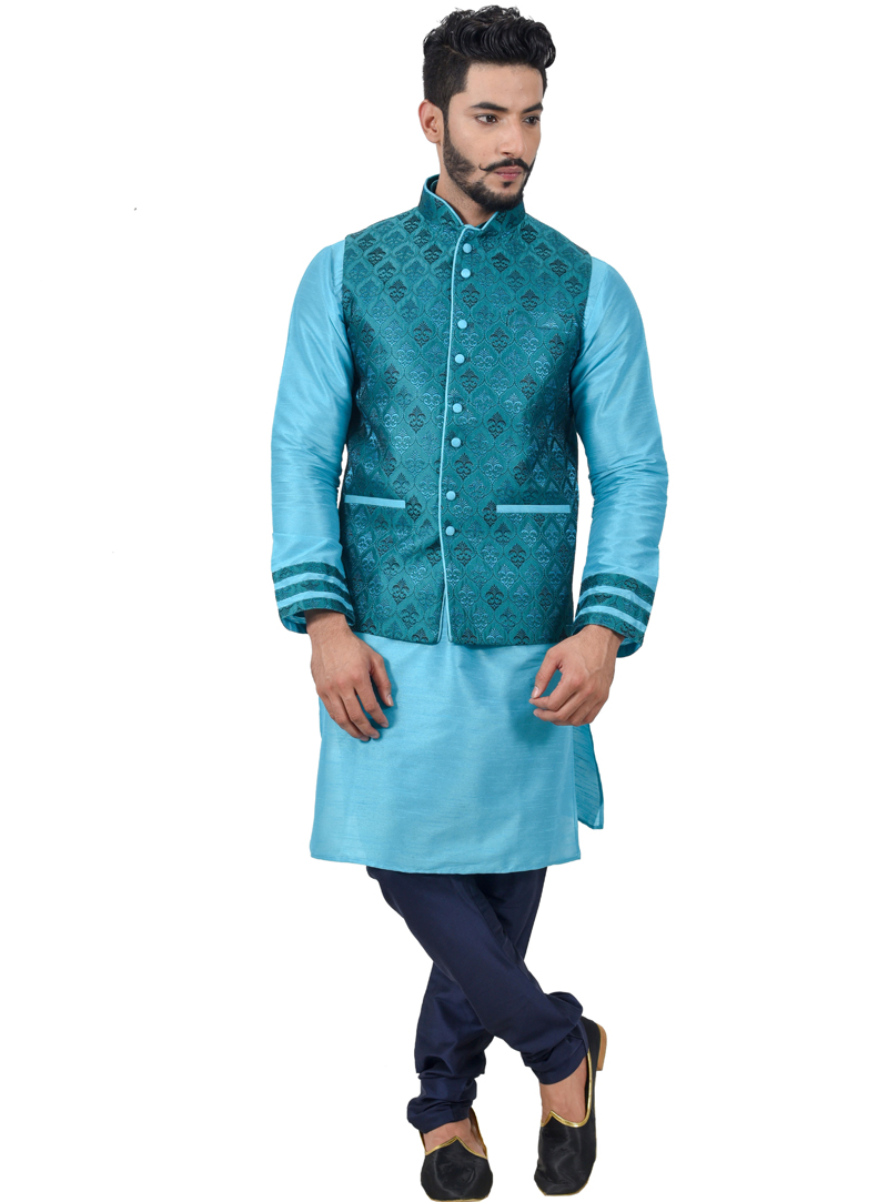 Sky Blue Art Silk Readymade Kurta Pajama With Jacket 113464