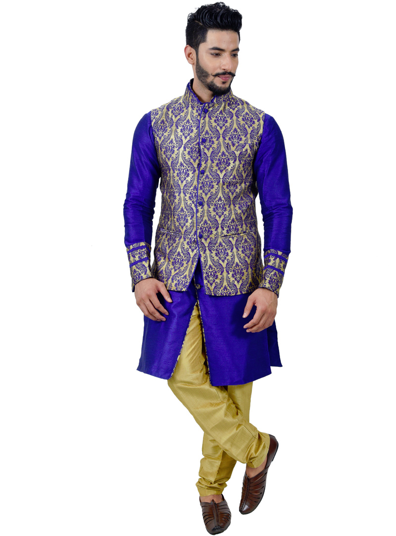 Royal Blue Art Silk Readymade Kurta Pajama With Jacket 113465