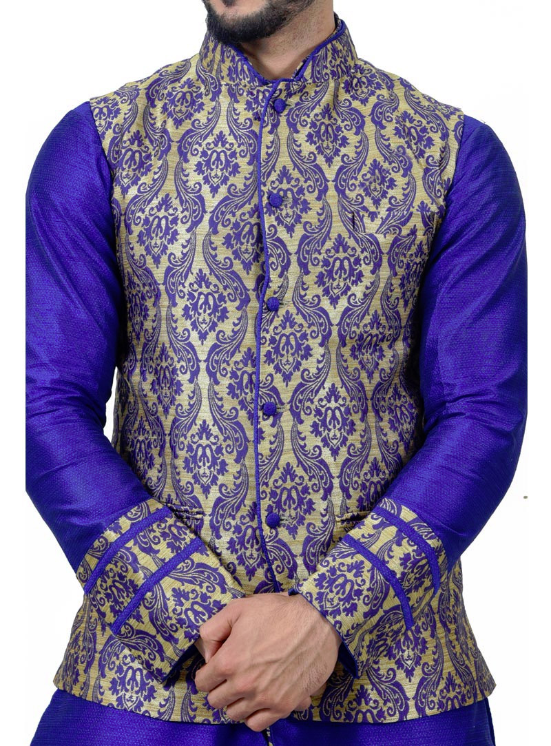 Royal Blue Art Silk Readymade Kurta Pajama With Jacket 113465