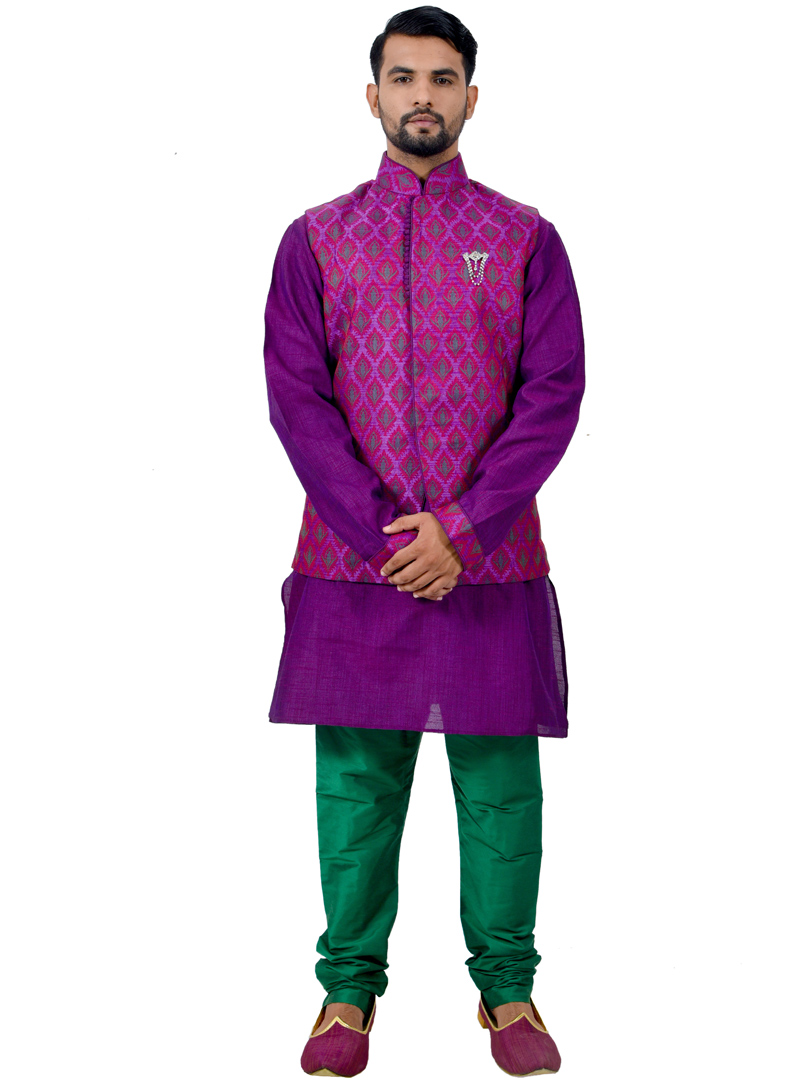 Purple Silk Readymade Kurta Pajama With Jacket 113466