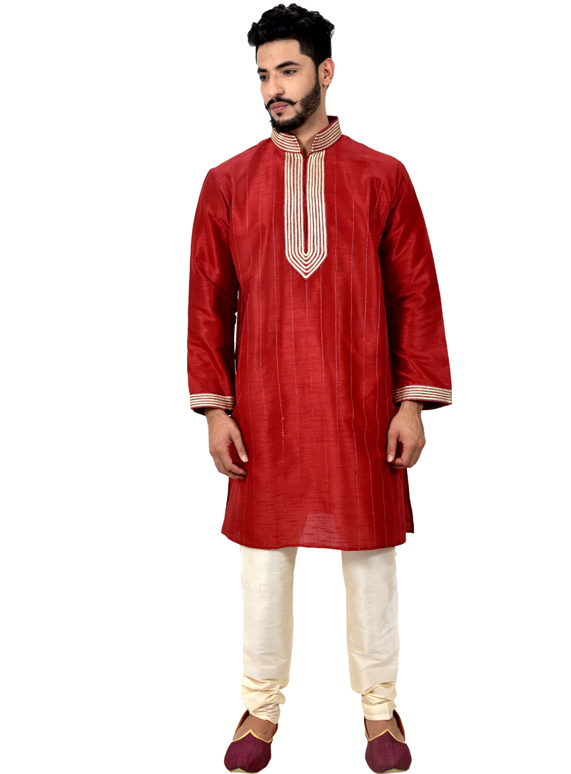 Red Art Silk Readymade Kurta Pajama 113473