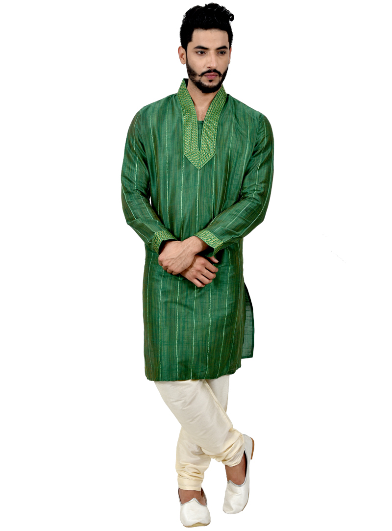 Green Silk Readymade Kurta Pajama 113477